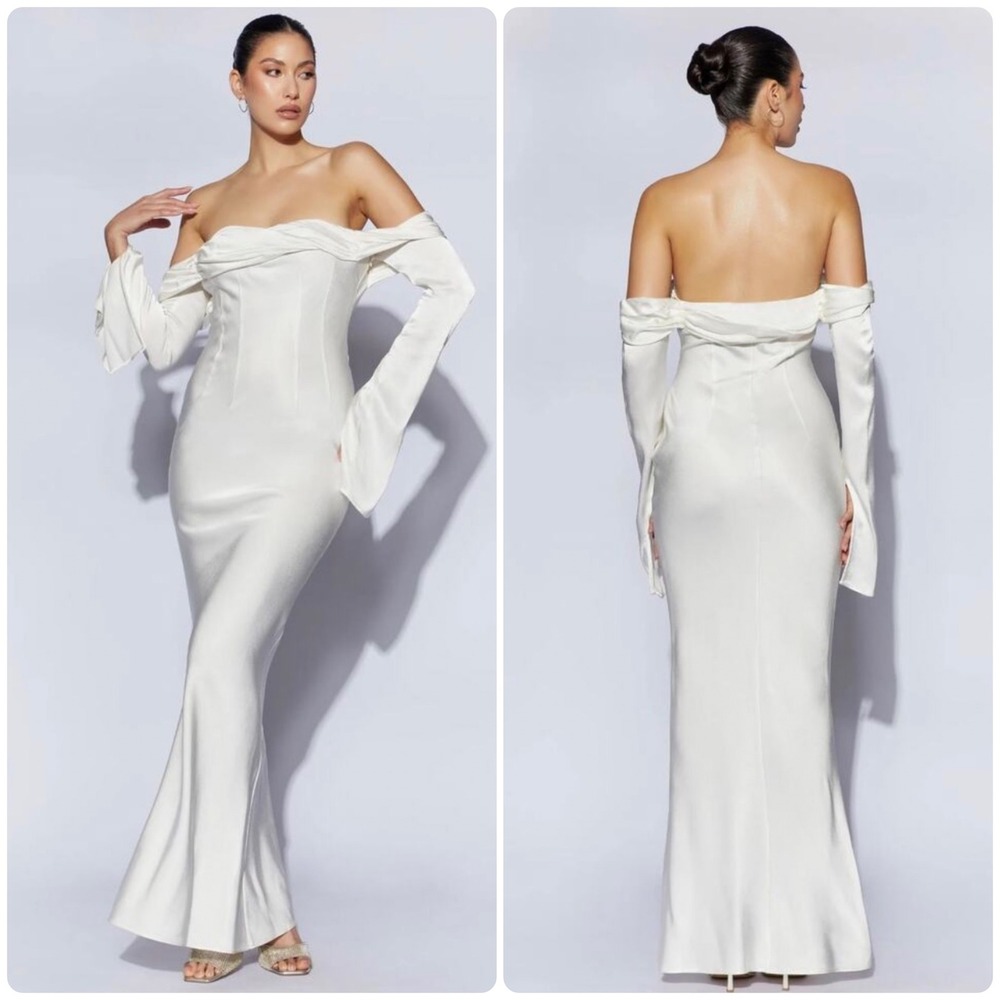 MESHKI Womens Giselle Off Shoulder Cowl Neck Elegant Bridal Midi Dress XXL White